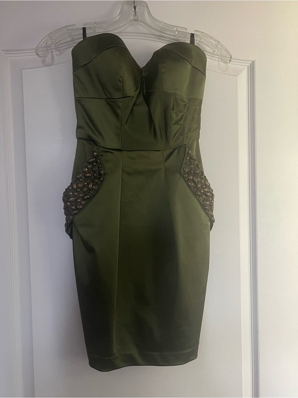 bebe Strapless Olive Green Sheath Dress with Beaded Side Panels